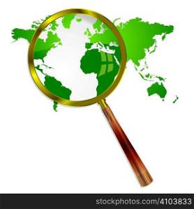 green world map with magnifying glass and drop shadow