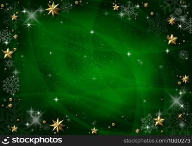 Green Xmas Background with Golden Stars and Snowflakes