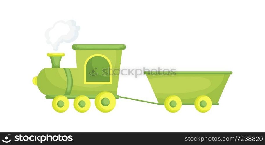 Green-yellow cartoon train for children isolated on white background, colorful train in flat style, simple design. Flat cartoon colorful vector illustration.