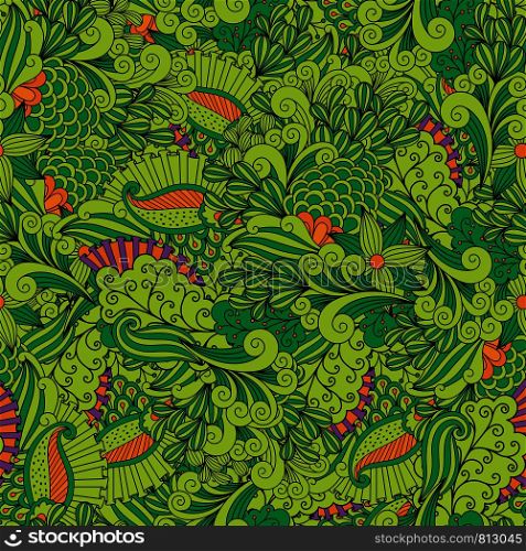 Green zen like leaves and swirls ornamental pattern. Vector illustration. Green zen leaves ornamental pattern