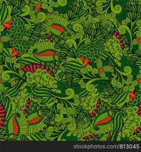 Green zen like leaves and swirls ornamental pattern. Vector illustration. Green zen leaves ornamental pattern