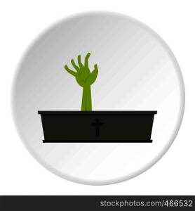 Green zombie hand coming out of his coffin icon in flat circle isolated on white background vector illustration for web. Green zombie hand coming out of his coffin icon