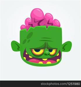 Green zombie with pink brains outside of the head. Halloween character. Vector cartoon illustration