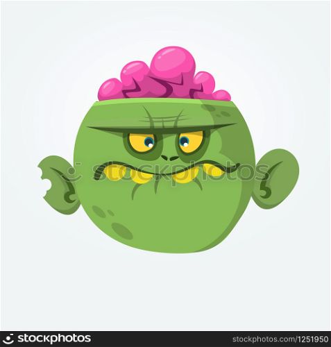 Green zombie with pink brains outside of the head. Halloween character. Vector flat illustration