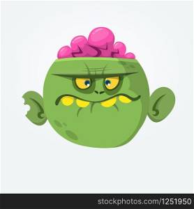 Green zombie with pink brains outside of the head. Halloween character. Vector flat illustration