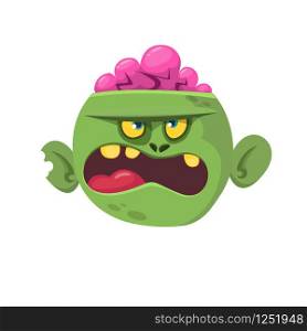 Green zombie with pink brains outside of the head. Halloween character. Vector illustration