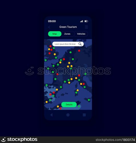 Green-zones representation smartphone interface vector template. Mobile app page design layout. Local authorities responsible for the environmental zone screen. Flat UI for application. Phone display. Green-zones representation smartphone interface vector template