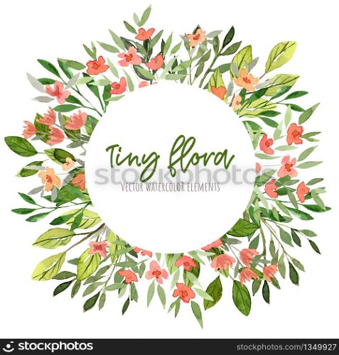 Greenery and red flowers, Round banner, watercolor tiny floral elements around. Hand drawn vector illustration, design template.