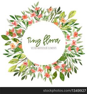 Greenery and red flowers, Round banner, watercolor tiny floral elements around. Hand drawn vector illustration, design template.