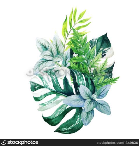 Greenery decorative bouquet, composed of fresh green monstera leaves and ferns. Hand drawn vector watercolor illustration. Design template.