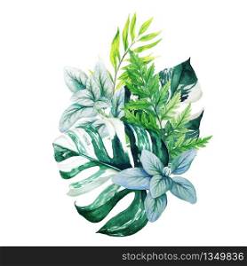 Greenery decorative bouquet, composed of fresh green monstera leaves and ferns. Hand drawn vector watercolor illustration. Design template.