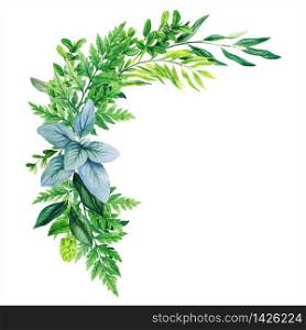 Greenery decorative corner arrangement, composed of fresh green leaves, branches and ferns. Hand drawn vector watercolor illustration. Design template.
