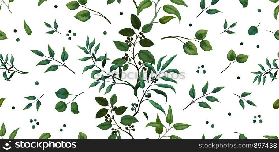 Greenery pattern. Eucalyptus seamless wedding print of leaves and branches, trendy botanical drawing on white background. Vector illustrations elegant seamless foliage. Greenery pattern. Eucalyptus seamless wedding print of leaves and branches, trendy botanical background. Vector elegant foliage