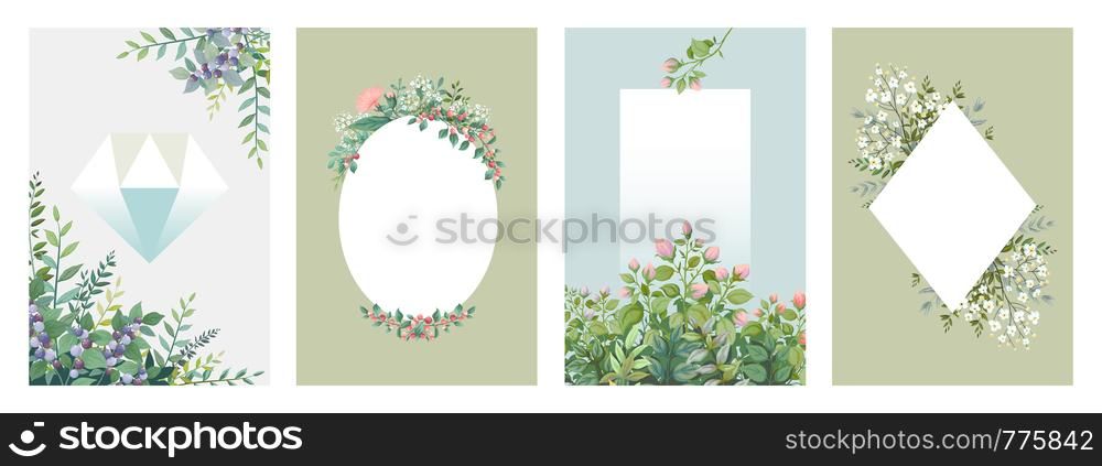 Greenery posters. Trendy floral frames, borders of green leaves and branches, blank wedding cards. Vector invitation watercolour flower elements on background leafs and mosses. Greenery posters. Trendy floral frames, borders of green leaves and branches, blank wedding cards. Vector invitation elements
