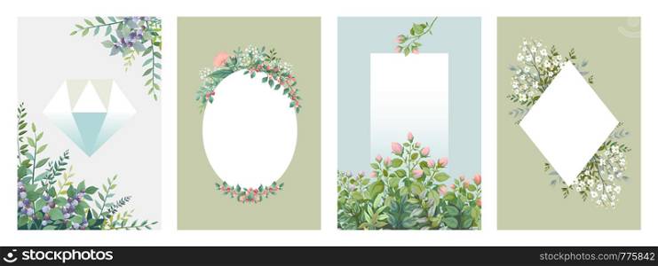 Greenery posters. Trendy floral frames, borders of green leaves and branches, blank wedding cards. Vector invitation watercolour flower elements on background leafs and mosses. Greenery posters. Trendy floral frames, borders of green leaves and branches, blank wedding cards. Vector invitation elements