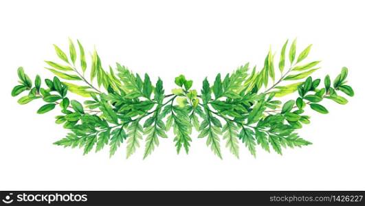 Greenery symmetrical decorative bouquet, composed of fresh green leaves and ferns. Hand drawn vector watercolor illustration. Design template.