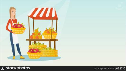 greengrocer standing near the stall with fruits and vegetables. Greengrocer standing near the market stall. Greengrocer holding basket with fruits. Vector flat design illustration. Horizontal layout.. Street seller with fruits and vegetables.