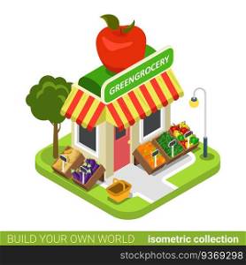 Greengrocery grocery vegan vegetable fruit building realty real estate concept. Flat 3d isometry isometric style web site app concept vector illustration. Build your own world architecture collection.