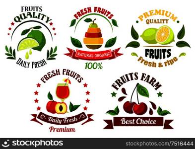 Greengrocery market design with juicy lime and lemon, cherries, peach with glass of natural juice and pear, composed of different fruit slices, framed by retro banners, green leaves and branches. Organic food emblems with fresh fruits and juice