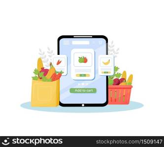 Greengrocery online ordering flat concept vector illustration. Vegetables and fruits store, fresh organic produce delivery service. Internet grocery mobile application creative idea