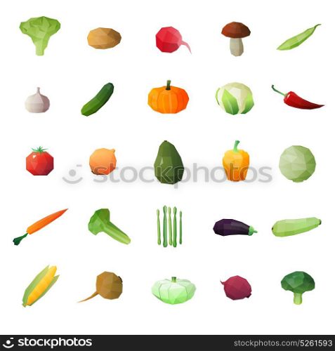 Greengrocery Ripe Fruits Set. Vegetables polygonal set of twenty five isolated polyangular ripe green stuff single images on blank background vector illustration