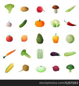 Greengrocery Ripe Fruits Set. Vegetables polygonal set of twenty five isolated polyangular ripe green stuff single images on blank background vector illustration