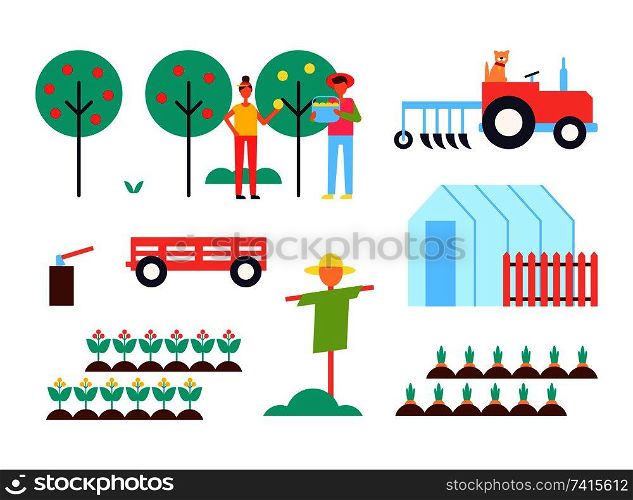Greenhouse and tractor farming machinery and plantation. Fruit trees and farmers gathering harvest scarecrow and hothouse carrots in ground vector. Greenhouse and Tractor Farm Vector Illustration