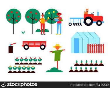 Greenhouse and tractor farming machinery and plantation. Fruit trees and farmers gathering harvest scarecrow and hothouse carrots in ground vector. Greenhouse and Tractor Farm Vector Illustration