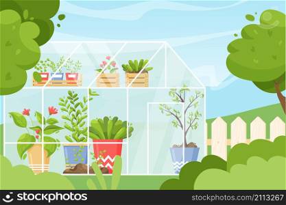Greenhouse background. Cartoon green spring garden with glass house and pots with plants and flowers, garden work concept. Vector illustration cultivation architecture farming greenhouse. Greenhouse background. Cartoon green spring garden with glass house and pots with plants and flowers, garden work concept. Vector illustration