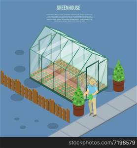 Greenhouse banner. Isometric illustration of greenhouse vector banner for web design. Greenhouse banner, isometric style