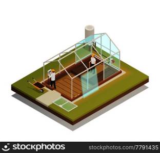 Greenhouse cable-supported facility construction process isometric composition with 2 workers installing glass panels vector illustration. Greenhouse Facility Construction Isometric Composition 