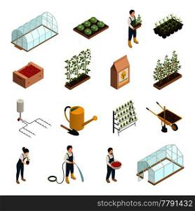 Greenhouse facilities personnel tools equipment plants accessories isometric icons set with wheelbarrow . Greenhouse Elements Isometric Icons Set