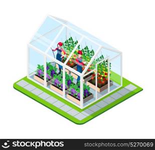 Greenhouse Isometric Concept. Greenhouse isometric concept with flowers and working people inside building isolated vector illustration