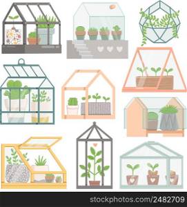 Greenhouse, spring set with plants, flat, vector illustration