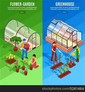 Greenhouse Vertical Banner Set. Two vertical greenhouse vertical banner set with flower garden and greenhouse descriptions vector illustration