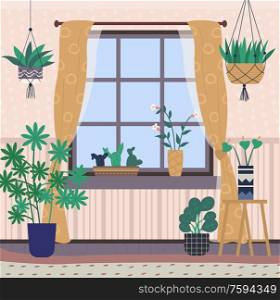 Greenhouse with plants on shelves vector, room interior filled with flora in pots. Window with curtains, bright space for flowers, orangery conservatory. Room Interior, Home Chamber with Plants Greenhouse