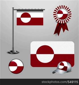Greenland Country Flag haning on pole, Ribbon Badge Banner, sports Hat and Round Button. Vector EPS10 Abstract Template background