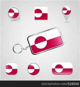 Greenland Country Flag on Keychain and map pin different style. Vector EPS10 Abstract Template background