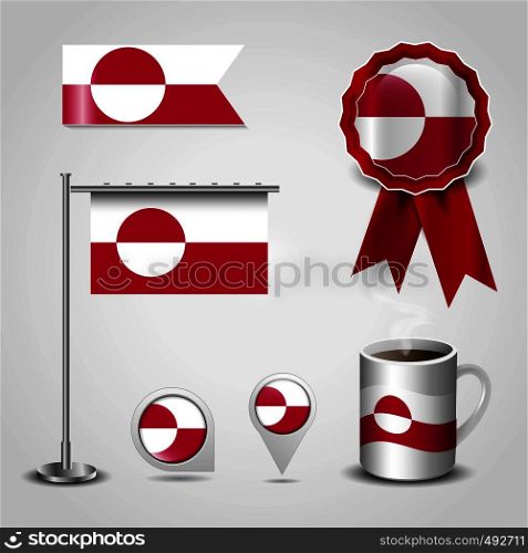 Greenland Country Flag place on Map Pin, Steel Pole and Ribbon Badge Banner. Vector EPS10 Abstract Template background