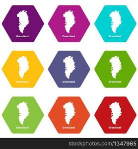 Greenland map icons 9 set coloful isolated on white for web. Greenland map icons set 9 vector