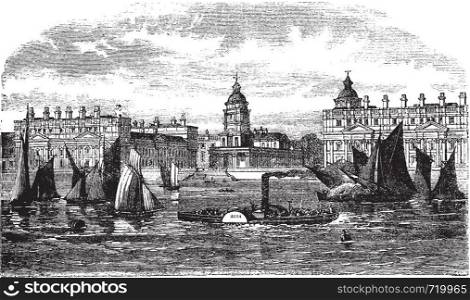 Greenwich Hospital or Royal Hospital for Seamen, Greenwich, England, during the 1890s, vintage engraving. Old engraved illustration of Greenwich Hospital with moving boats in front.