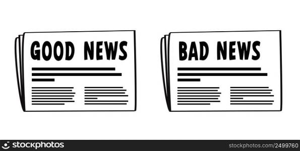 Greet news. Cartoon stickman with good news and bad news. Vector stick figures. Fact or fake newspaper sign. Like or dislike banner.