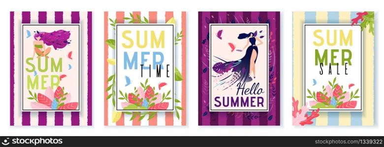 Greeting and Invitation Cards or Social Stories Vector Set. Summer Time. Vertical Banner Kit with Welcoming and Sales Phrase, Beautiful Women and Foliage. Seasonal Vacation and Discounts Illustration. Greeting Summer Cards or Social Stories Vector Set