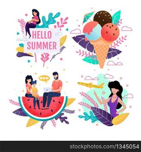 Greeting and Invitation Opening Season Card Flat Set. Hello Summer Banner. Happy Family Finding Best Tour Offer on Laptop. Booking Service Advertisement. Ice Cream Menu Vector Illustration. Greeting and Invitation Opening Season Card Set