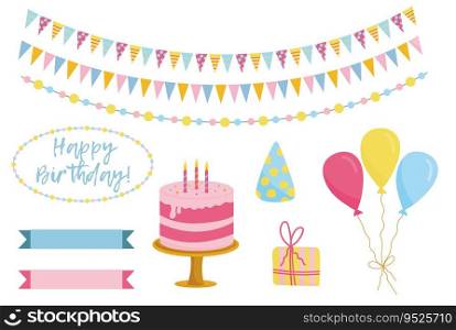 Greeting birthday set bundle. Celebration cake with color garland flags and balloons isolated on whiteundefined