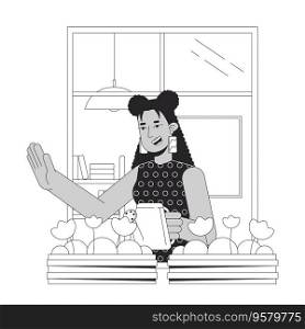 Greeting bw concept vector spot illustration. Latina woman waving from window 2D cartoon flat line monochromatic character for web UI design. Editable isolated outline hero image. Greeting bw concept vector spot illustration