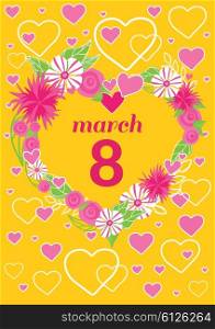 Greeting card 8 march woman day. 8 march, greeting card, womans day, flowers and international womens day, spring holiday, march 8 day, celebration woman 8 march day, postcard floral illustration