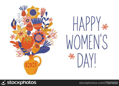 Greeting card, banner for the international women&rsquo;s day on March 8. A bouquet of colorful flowers in a vase. Vector illustration on a white background.. Greeting card, banner for the international women&rsquo;s day on March 8. Vector illustration on a white background.
