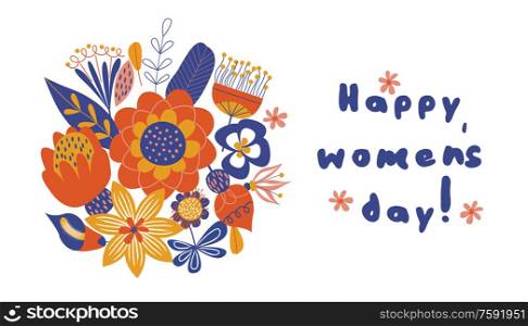 Greeting card, banner for the international women&rsquo;s day on March 8. Bouquets of colorful flowers. Vector illustration on a white background.