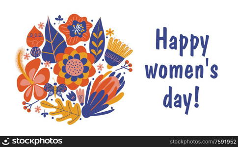 Greeting card, banner for the international women&rsquo;s day on March 8. Bouquets of colorful flowers. Vector illustration on a white background.